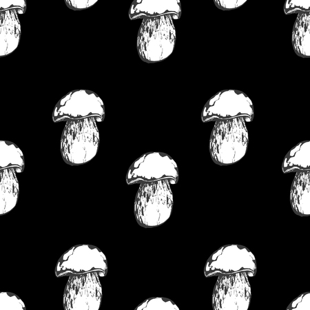 Vector black and white ink seamless pattern with artistically drawn mushrooms. Modern illustration. Can be used for wallpaper, pattern fills, web page, surface textures, textile print, wrapping paper.のイラスト素材