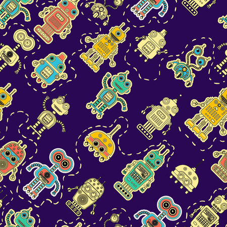 Colorful cartoon retro robots background. seamless pattern. Amazing artistic wallpaper.のイラスト素材