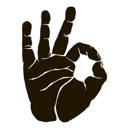 Vector black silhouette illustration of a human hand body part OKAY hand gesture isolated on white background. Can be used for web, poster, info graphic.のイラスト素材