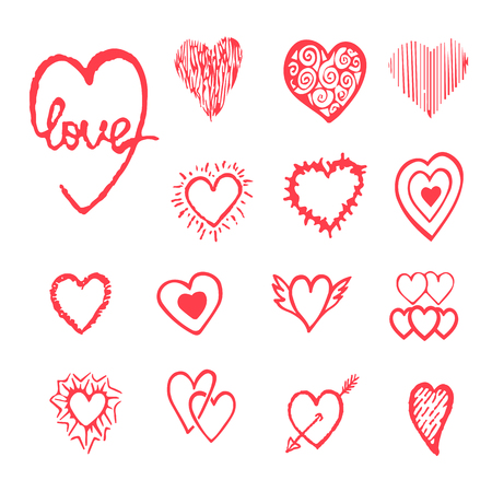Vector red hand drawn set with hearts. Design elements for Valentine day.のイラスト素材