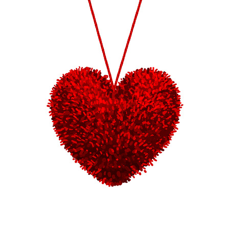 Vector colorful illustration of fluffy pom-pom in the shape of a heart hanging on the rope, isolated on white background. Decorative elements for Valentines day design.のイラスト素材