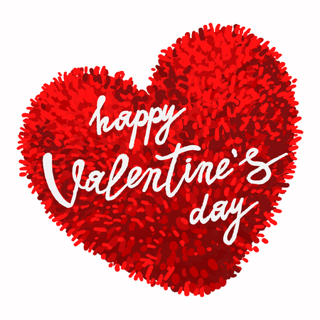 Happy Valentine's Day greeting card with red fluffy heart, soft toy, isolated on white background. Vector illustration. Can be used as poster, flyers, invitation, brochure, banners, saleのイラスト素材