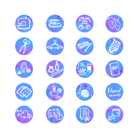 Vector colorful watercolor set with outline icon of sewing equipment and needleworkのイラスト素材
