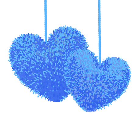 Vector colorful illustration of two fluffy pom-pom in the shape of a heart hanging on the rope, isolated on white background. Decorative elements for Valentines day design.のイラスト素材