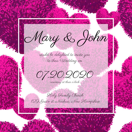 colorful wedding invitation card template with fluffy hearts seamless pattern. Modern design.のイラスト素材