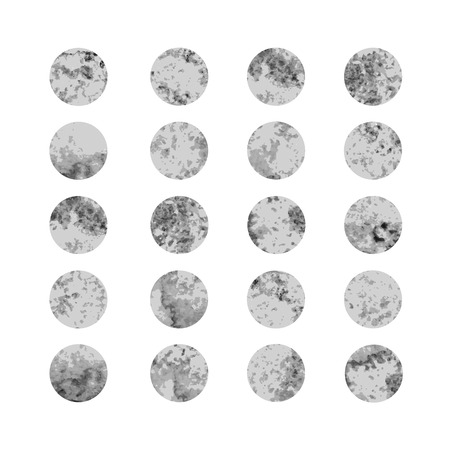 Set of gray watercolor dots, labels and round shapes isolated on white pattern.のイラスト素材