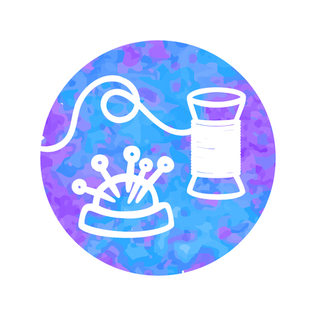 Vector hand drawn icon of thread and pins on round watercolor background.のイラスト素材