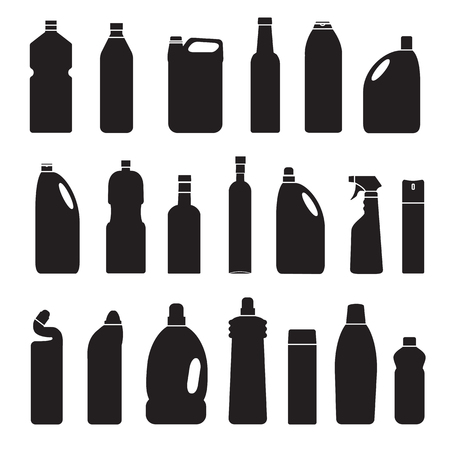 Vector silhouette set of illustration bottles, cans, container isolated on white background.のイラスト素材
