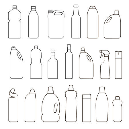 Vector black and white set of outline illustration bottles, cans, container isolated on white background. Thin line icon.のイラスト素材