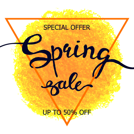 Vector colorful poster Spring sale with triangular frame, crayon scribble texture background. Illustration can be used as card, flyer, bannerのイラスト素材