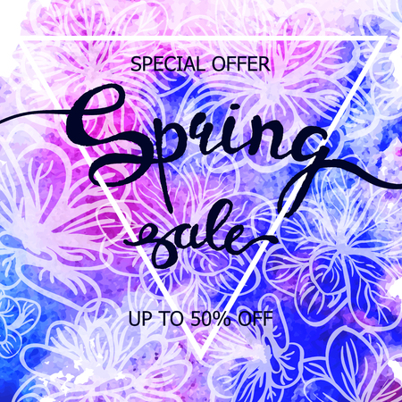 Vector colorful poster Spring sale with triangular frame, watercolor texture and floral background. Illustration can be used as card, flyer, bannerのイラスト素材