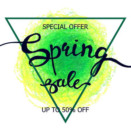 Vector colorful poster Spring sale with triangular frame, crayon scribble texture background. Illustration can be used as card, flyer, bannerのイラスト素材