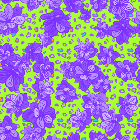 Vector seamless background with colorful illustration the skin of a leopard or Cheetah with flowers. Can be used for wallpaper, pattern fills, web page, surface textures, textile print, wrapping paperのイラスト素材