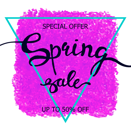 Vector colorful poster Spring sale with triangular frame, crayon scribble texture background. Illustration can be used as card, flyer, bannerのイラスト素材