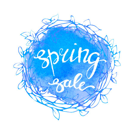 Vector colorful poster Spring sale with circlet wreath frame, watercolor texture and floral background. Illustration can be used as card, flyer, bannerのイラスト素材