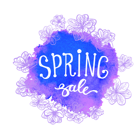 Vector colorful poster Spring sale with circlet wreath frame, watercolor texture and floral background. Illustration can be used as card, flyer, bannerのイラスト素材