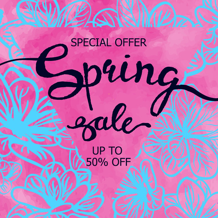 Vector colorful poster Spring sale with triangular frame, watercolor texture and floral background. Illustration can be used as card, flyer, bannerのイラスト素材