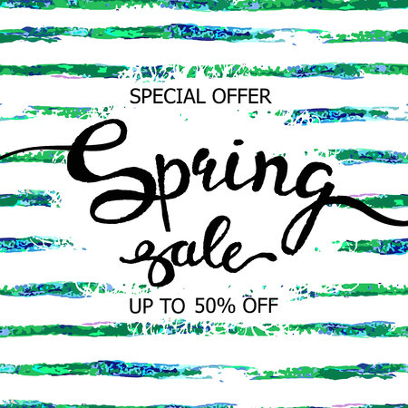 Colorful vector poster spring sale with abstract striped watercolor texture background. Illustration can be used as card, flyer, banner.のイラスト素材