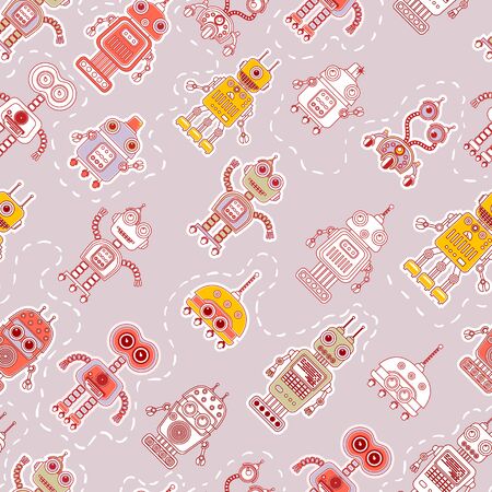 Vector seamless background with colorful illustration of cute robots. Can be used for wallpaper, pattern fills, web page, surface textures, textile print, wrapping paperのイラスト素材