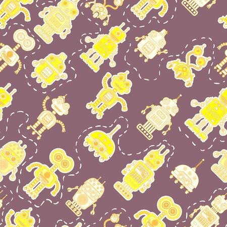Vector seamless background with colorful illustration of cute robots. Can be used for wallpaper, pattern fills, web page, surface textures, textile print, wrapping paperのイラスト素材