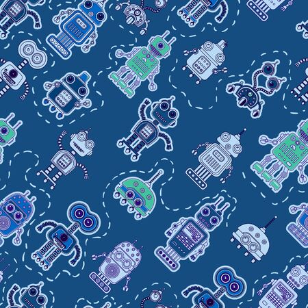 Vector seamless background with colorful illustration of cute robots. Can be used for wallpaper, pattern fills, web page, surface textures, textile print, wrapping paperのイラスト素材