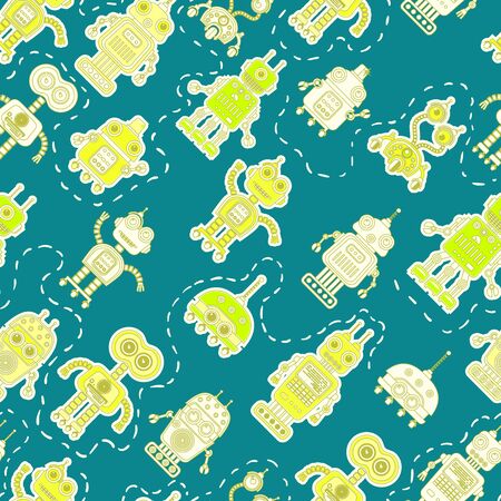 Vector seamless background with colorful illustration of cute robots. Can be used for wallpaper, pattern fills, web page, surface textures, textile print, wrapping paperのイラスト素材