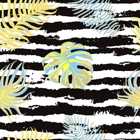 Vector seamless colorful pattern with illustration of tropical leaves on black and white striped background. Can be used for wallpaper, pattern fills, web page, surface textures, textile print, wrapping paperのイラスト素材