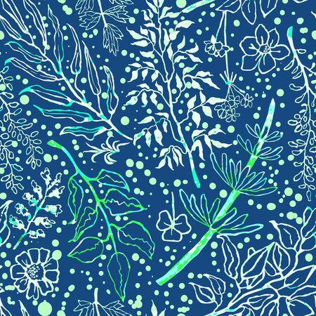 Vector seamless background with colorful watercolor illustration of herbs, plants. Can be used for wallpaper, pattern fills, web page, surface textures, textile print, wrapping paperのイラスト素材