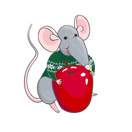 Colorful illustration of rat wear Christmas sweater. New year and Christmas character. Can be used for as elemets for your design for greeting cards, calendars, printsのイラスト素材