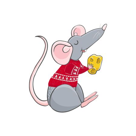 Colorful illustration of rat wear Christmas sweater. New year and Christmas character. Can be used for as elemets for your design for greeting cards, calendars, printsのイラスト素材