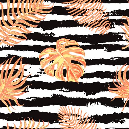 Vector seamless colorful pattern with illustration of tropical leaves on black and white striped background. Can be used for wallpaper, pattern fills, web page, surface textures, textile print, wrapping paperのイラスト素材