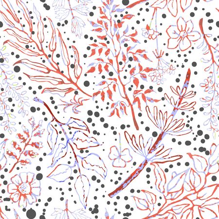 Vector seamless background with colorful watercolor illustration of herbs, plants and flowers. Can be used for wallpaper, pattern fills, web page, surface textures, textile print, wrapping paperのイラスト素材