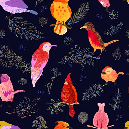 Vector seamless background with colorful watercolor illustration of flowers and birds. Can be used for wallpaper, pattern fills, web page, surface textures, textile print, wrapping paperの写真素材