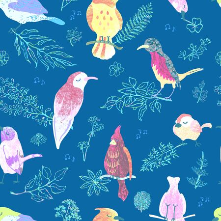 Vector seamless background with colorful watercolor illustration of flowers and birds. Can be used for wallpaper, pattern fills, web page, surface textures, textile print, wrapping paperの写真素材