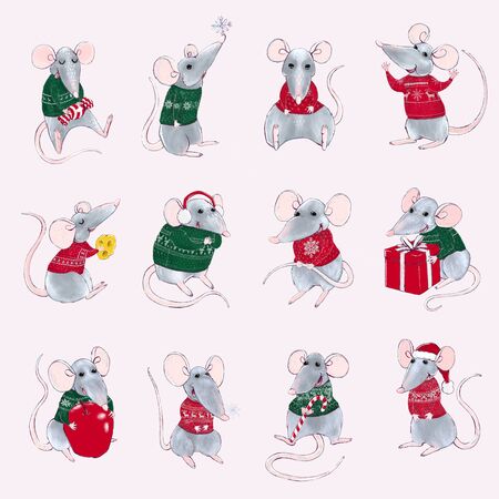 Colorful set with illustrations of rats wear Christmas sweaters. New year and Christmas characters. Can be used for as elemets for your design for greeting cards, calendars, printsの写真素材