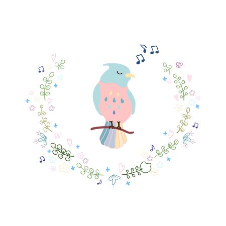 Vector colorful illustration of cute bird and wreath. Can be used for childish t-shirt print, textile print, cloth, baby wear, kids room decoration, invitation, greeting card, and postersのイラスト素材
