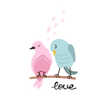 Vector colorful illustration of cute couple of birds in love. Can be used for childish t-shirt print, textile print, cloth, baby wear, kids room decoration, invitation, greeting card, and postersのイラスト素材