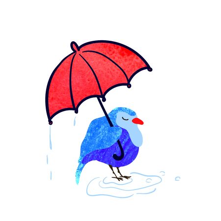 Vector colorful illustration of cute bird with red umbrella. Can be used for childish t-shirt print, textile print, cloth, baby wear, kids room decoration, invitation, greeting card, and postersのイラスト素材