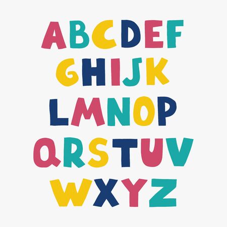 Vector cute colorful alphabet for kids. Can be used as elemets for your design for greeting cards, nursery, poster, card, birthday party, packaging paper design, baby t-shirts printsのイラスト素材