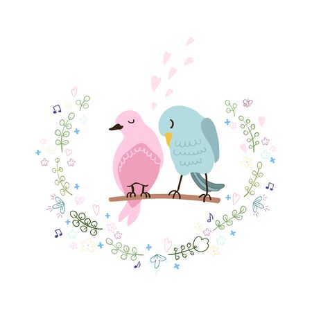 Vector colorful illustration of cute couple of birds in love. Can be used for childish t-shirt print, textile print, cloth, baby wear, kids room decoration, invitation, greeting card, and postersのイラスト素材