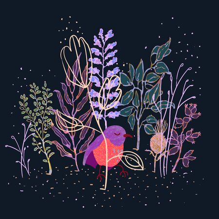 Vector colorful illustration of cute bird and flowers. Can be used for childish t-shirt print, textile print, cloth, baby wear, kids room decoration, invitation, greeting card, and postersのイラスト素材