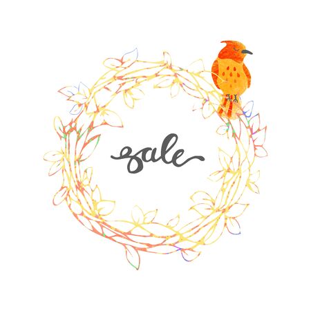 Vector colorful illustration of cute wreath and bird. Spring sale banner template designのイラスト素材