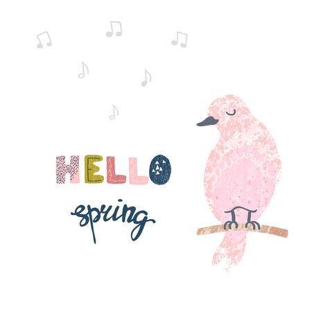 Hello Spring hand sketched logotype, badge typography icon. Vector colorful illustration of cute bird. Can be used for decoration, invitation, greeting card, and posters templateのイラスト素材