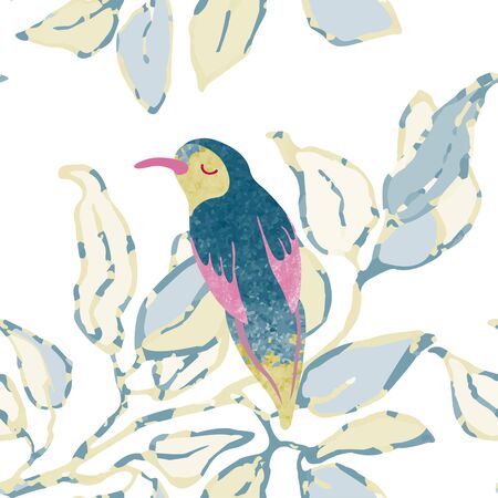 Vector seamless background with colorful watercolor illustration of leaves and birds. Can be used for wallpaper, pattern fills, web page, surface textures, textile print, wrapping paperのイラスト素材