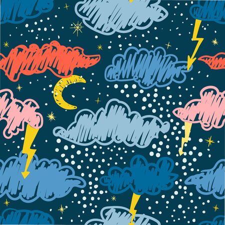 Vector modern seamless pattern with colorful hand draw llustrations of night sky. Can be used for wallpaper, pattern fills, web page, surface textures, textile print, wrapping paper, presentationのイラスト素材