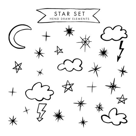 Vector black and white modern set with hand draw llustrations of moon, stars, clouds. Can be used as elemets for your design for greeting cards, nursery, poster, card, birthday party, packaging paper design, baby t-shirts printsのイラスト素材