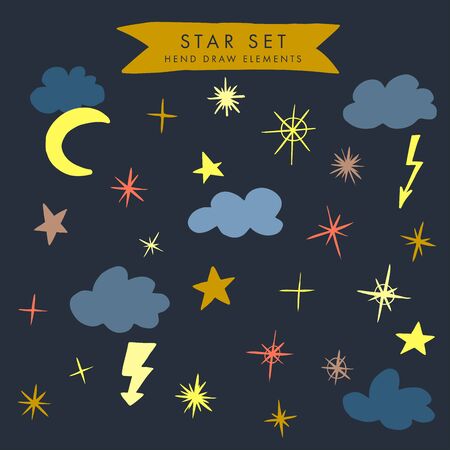 Vector colorful modern set with hand draw llustrations of night sky, stars, clouds. Can be used as elemets for your design for greeting cards, nursery, poster, card, birthday party, packaging paper design, baby t-shirts printsのイラスト素材