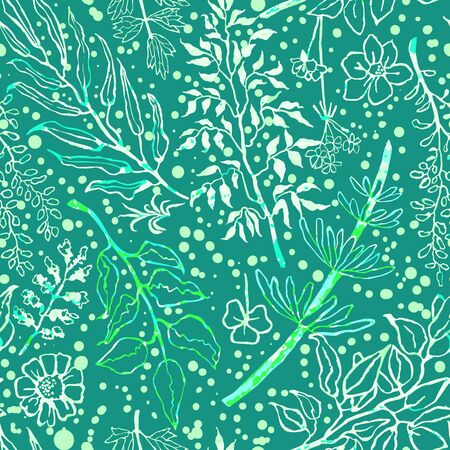 Vector seamless background with colorful watercolor illustration of herbs, plants. Can be used for wallpaper, pattern fills, web page, surface textures, textile print, wrapping paperのイラスト素材