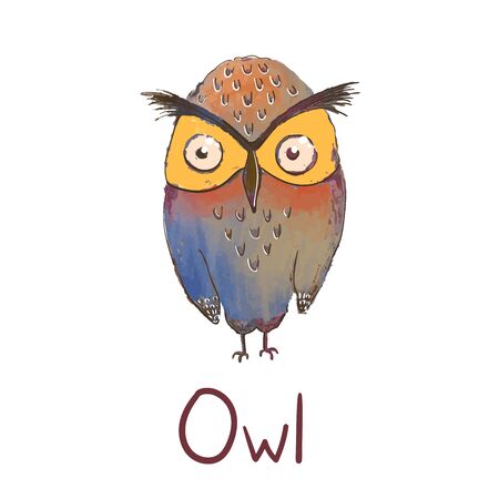 Vector colorful illustration of cute owl isolated on white background. Can be used as elemets for your design for greeting cards, nursery, poster, card, birthday party, packaging paper design, baby t-shirts printsのイラスト素材