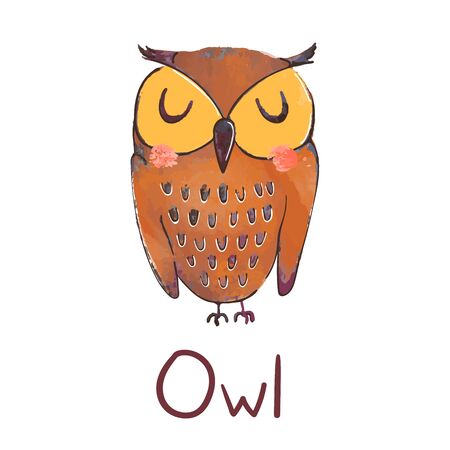 Vector colorful illustration of cute owl isolated on white background. Can be used as elemets for your design for greeting cards, nursery, poster, card, birthday party, packaging paper design, baby t-shirts printsのイラスト素材